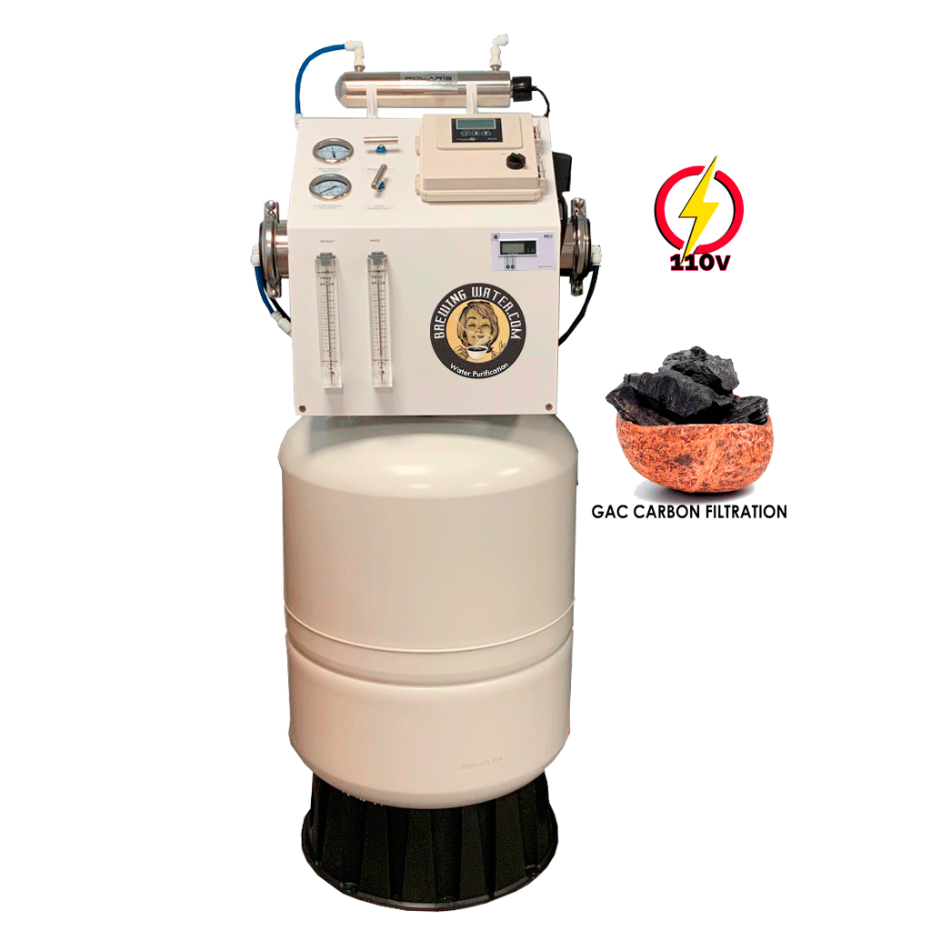 Reverse osmosis system for brewing coffee with blending valve, UV, and GAC carbon filtration.