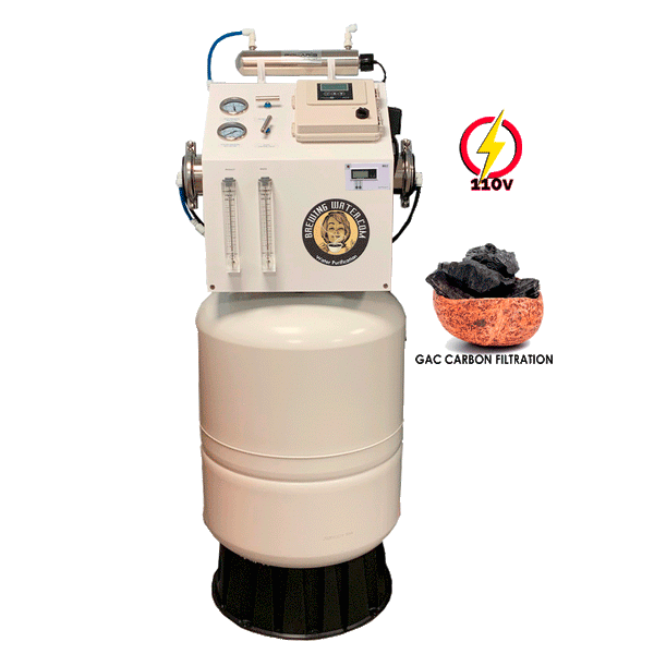 Reverse osmosis system for brewing coffee with blending valve, UV, and GAC carbon filtration.