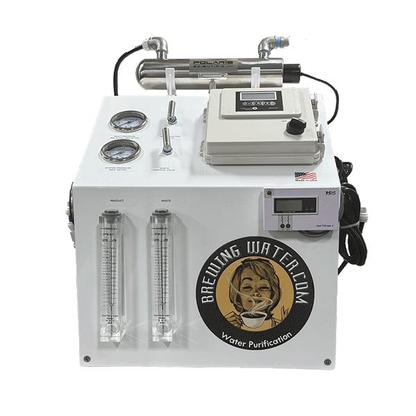 Reverse osmosis system with blending valve and UV for brewing coffee water purification
